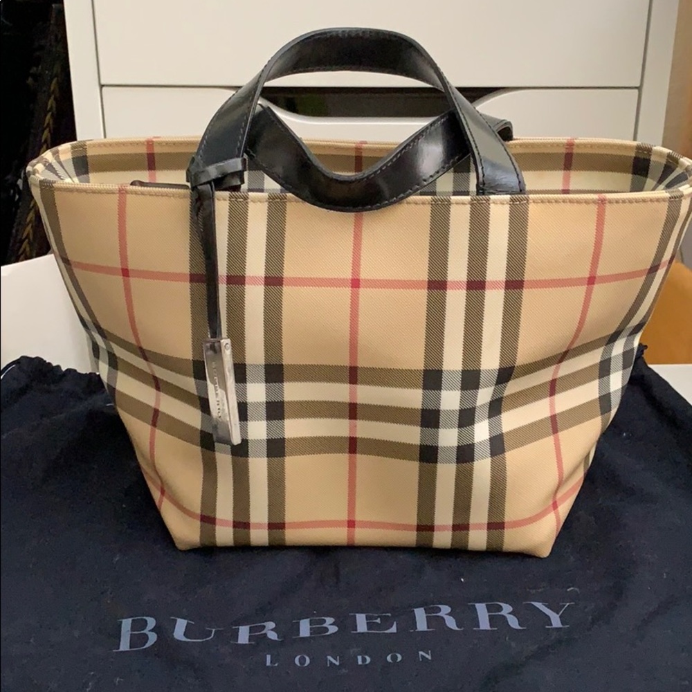 Burberry flower pot coated canvas plaid tote